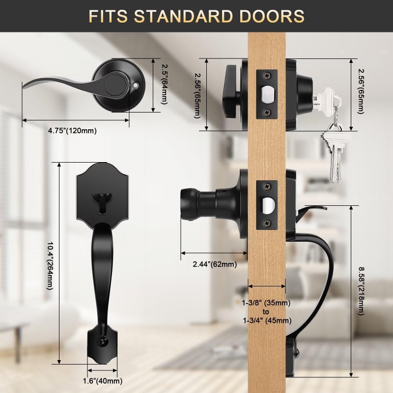 Tinewa Black Front Door Handle and Deadbolt Set, Front Door Lock Set, Entry Door Locksets with Deadbolt Single Cylinder, Reversible for Right and Left Handed - Image 3